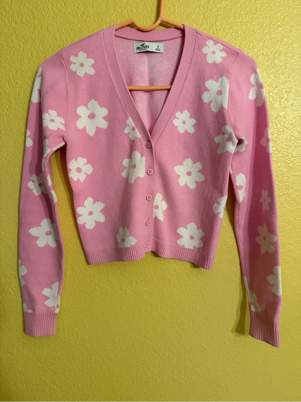Hollister Pink White Floral V-Neck Button Cardigan